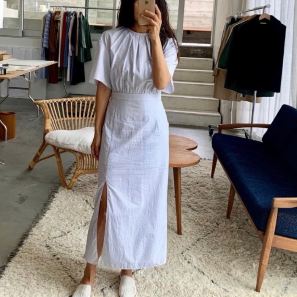 Jeana Sohn Claudia Cotton Blue White Pinstripe Back Button Midi Dress M - Picture 4 of 12
